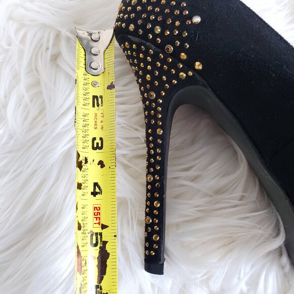 Material Girl Black Suede Gold Rhinestone Platform Heels SZ 10 - Picture 9 of 11